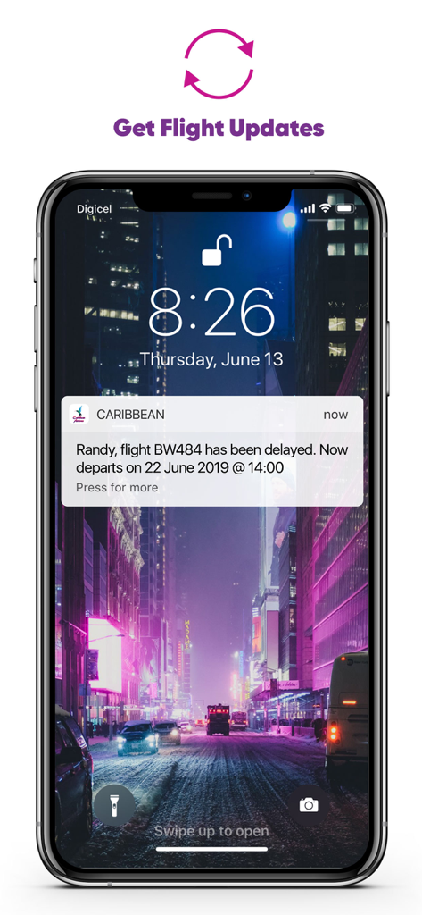 항공편 지연 업데이트에 대한 캐리비안 항공 푸시 알림을 보여주는 스마트폰 화면