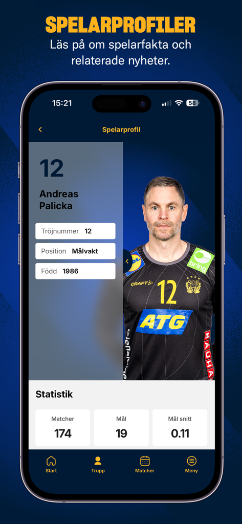 Svenska Handbollslandslaget - Svenska Handbollslandslaget app player profile screen showing goalkeeper Andreas Palicka and his statistics