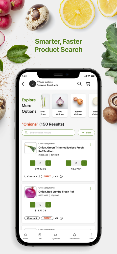 US Foods MOXē - US Foods MOXē app product search interface showing onion varieties and professional ordering options.
