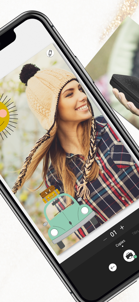 HP Sprocket app interface showing a photo being customized with digital stickers before printing.