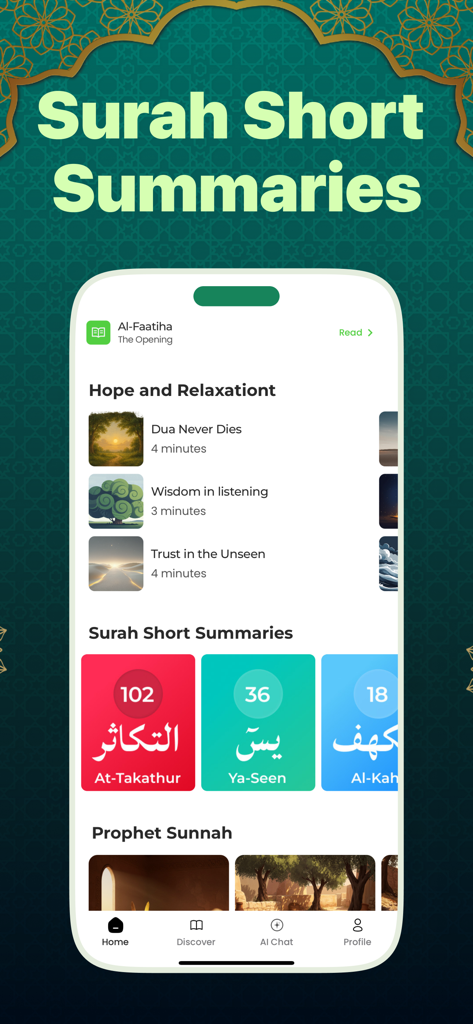 Noorly - Al Quran, Azkar, Deen - Interfaz de la aplicación móvil para Noorly que muestra secciones para resúmenes cortos de suras e historias islámicas inspiradoras