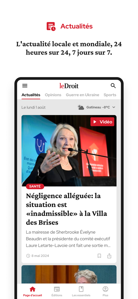 La aplicación de noticias Le Droit mostrando un artículo de noticias en francés y un menú de navegación en un smartphone.