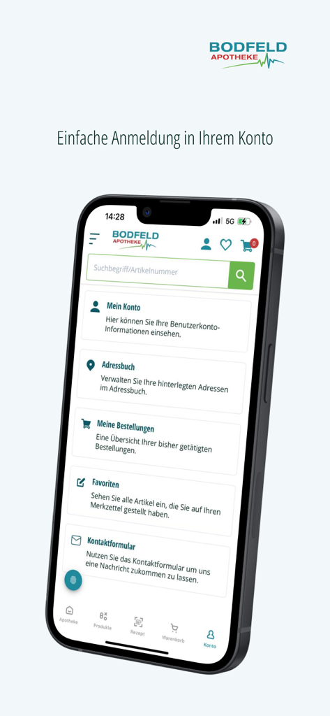 Bodfeld Apotheke e.K. - Screenshot der Bodfeld Apotheke Mobile App mit dem Kontodashboard und Optionen für Bestellungen, Adressen und Favoriten