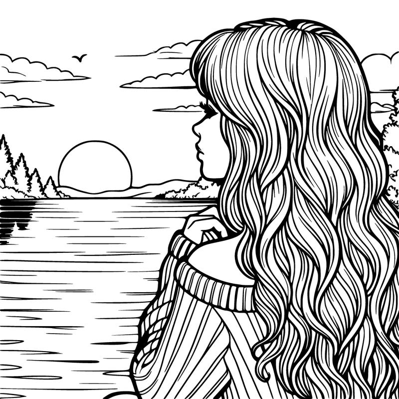 realistic girl at a lake watching the sunset