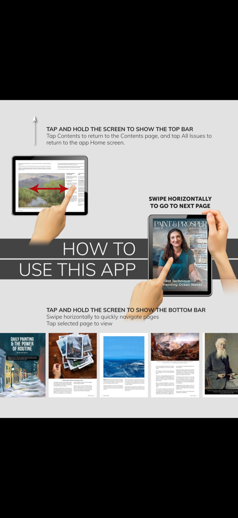 Pantalla de tutorial para la aplicación Paint and Prosper Magazine que muestra gestos de navegación en una tableta