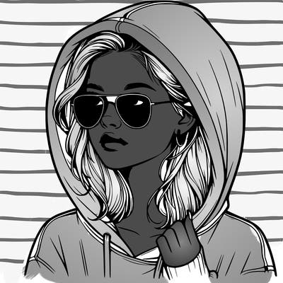 realistic teenage girl, wearing a hoodie and sunglasses