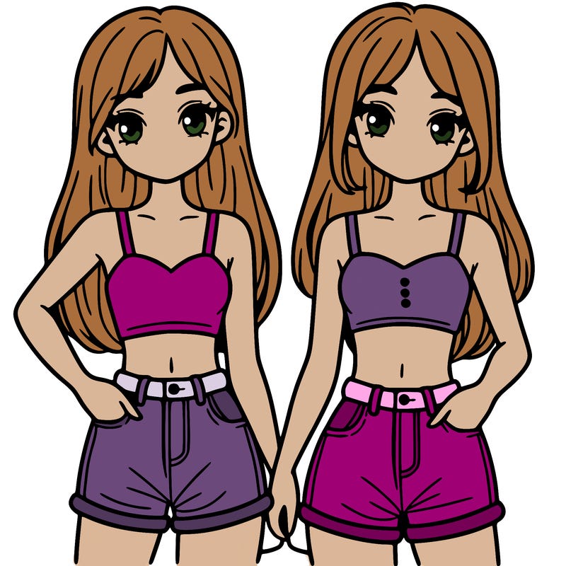 two sisters with crop tops and jean shorts and straight hair
