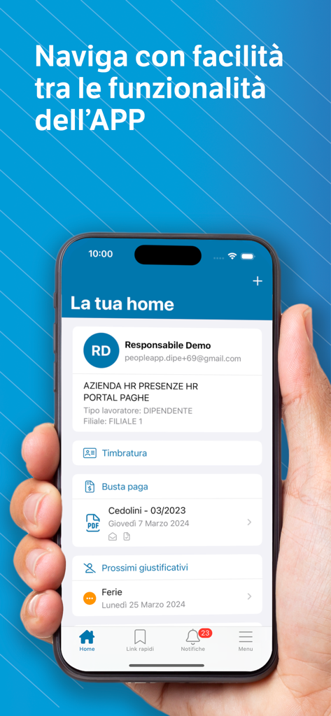 TeamSystem HR - Schermata principale dell'app TeamSystem HR che mostra le funzionalità di busta paga e presenze del dipendente