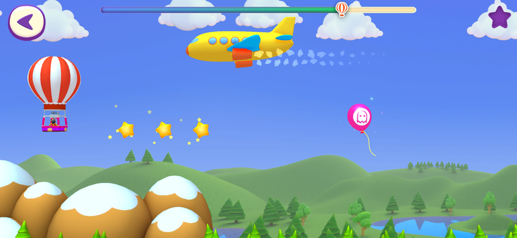 A yellow airplane and a red hot air balloon flying over green hills in a children game