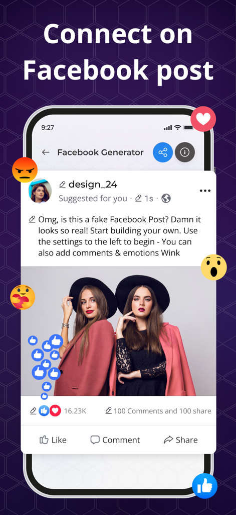 A mobile app screen showing a tool to create and customize Facebook posts with images and social reactions.