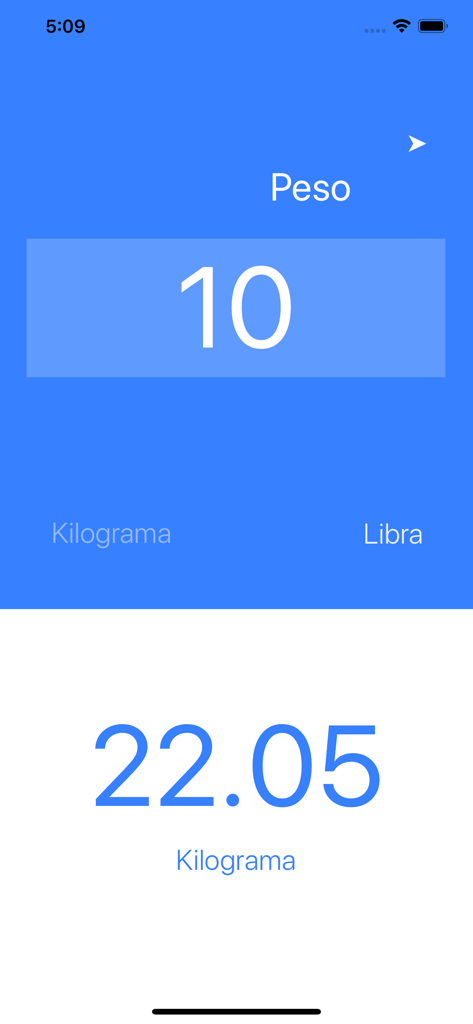 X Conversor weight conversion screen showing the calculation of kilograms to pounds