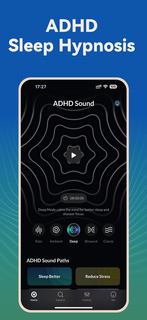 Screenshot dell'App Sonora ADHD che mostra opzioni di ipnosi del sonno e suoni per la concentrazione profonda.