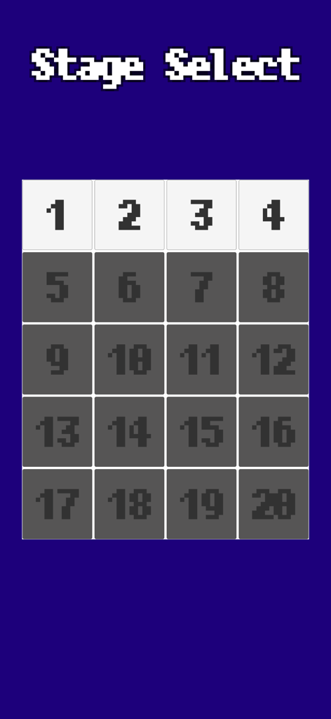 Breaking blocks in memory - Stage selection screen showing a grid of twenty numbered levels in a retro pixelated font