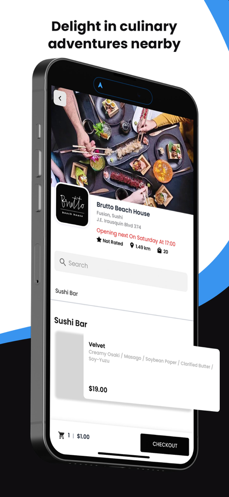 Aruba To You - Food Delivery - Aruba To You mobile app interface showing a restaurant menu with sushi and a checkout button