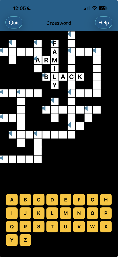 A crossword puzzle game screen in the TurboWords Spelling app with an onscreen alphabet keyboard