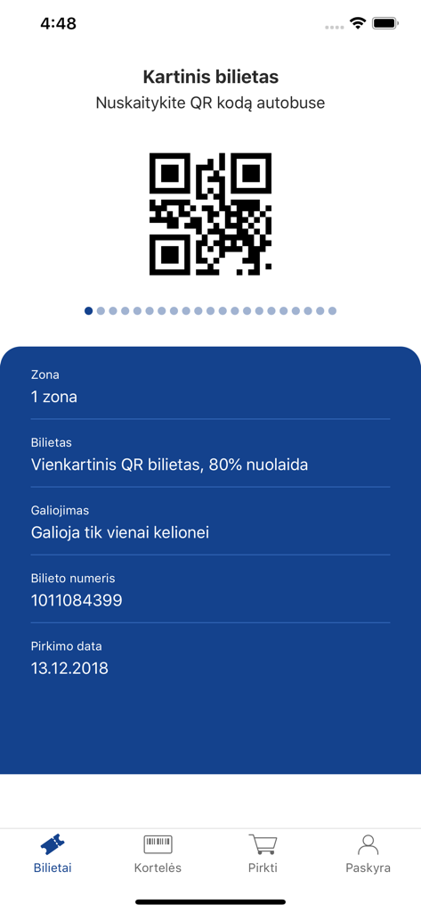 e.Ticket Klaipėda - Digital bus ticket interface with QR code for scanning in the e.Ticket Klaipeda app