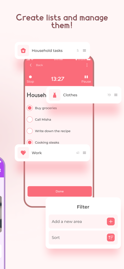 Tela de smartphone mostrando listas de tarefas LadyFly para tarefas domésticas, roupas e trabalho.