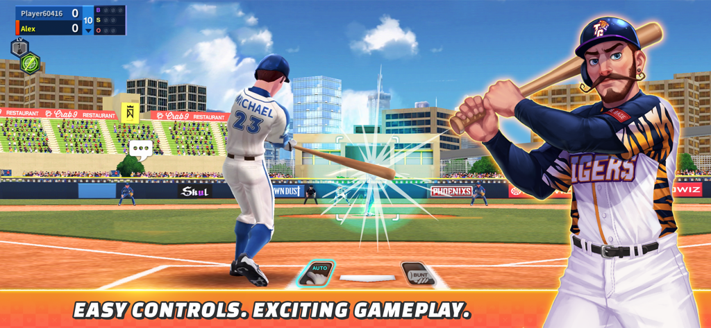 Baseball Clash: Real-time game - Baseball Clash gameplay showing a batter hitting a ball in a stadium