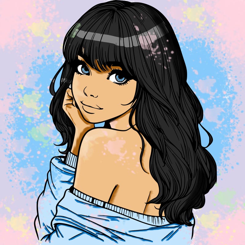 realistic girl with bangs looking over her shoulder