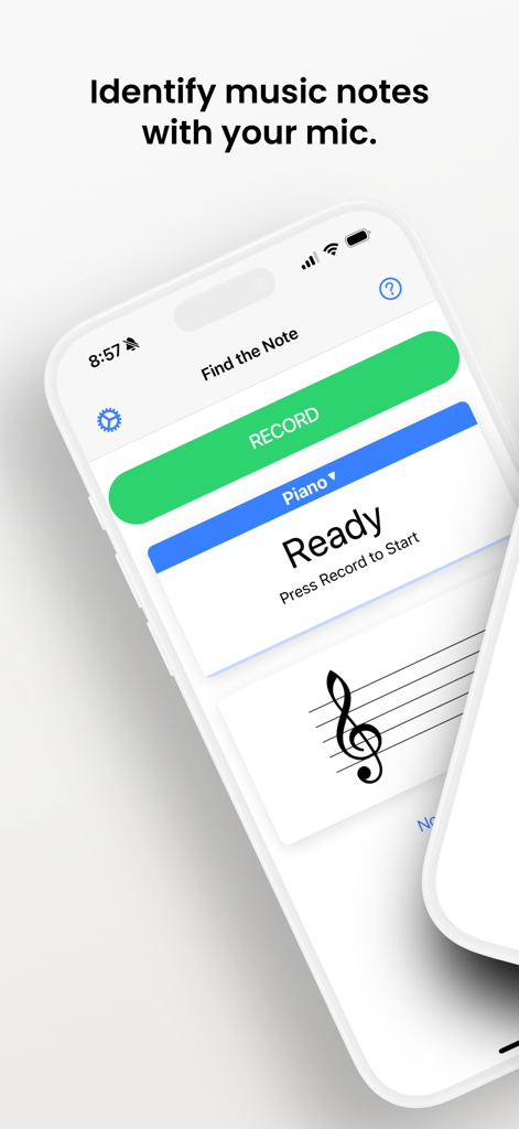 Find the Note - Find the Note app interface on an iPhone showing a record button and a treble clef on a musical staff