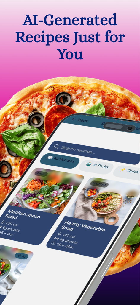 Calo AI - Calorie Counter - Pantalla de la aplicación Calo AI que muestra sugerencias de recetas saludables personalizadas y datos nutricionales
