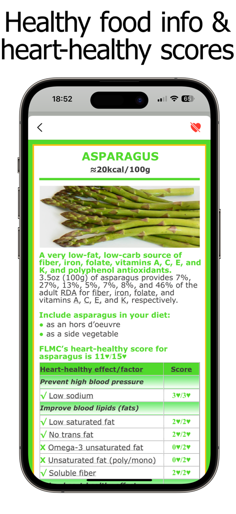 Nutritional information and heart-healthy score for asparagus in the Potassium Counter app