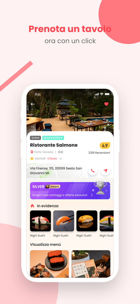 Interfaccia dell'app sushi AYCE che mostra la pagina di prenotazione tavoli per un ristorante