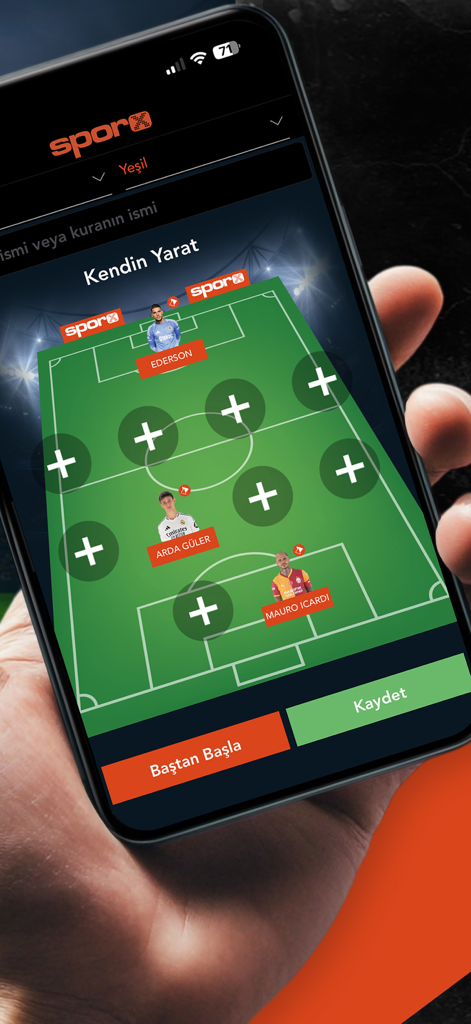 Sporx - Spor Haber, Canlı Skor - Teléfono móvil mostrando la función "Crea tu Plantilla" de la aplicación Sporx para crear alineaciones de fútbol personalizadas