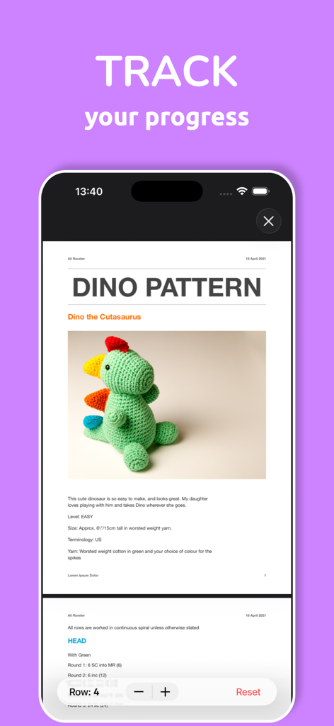 Crochet Patterns: Ravelgurumi - Ravelgurumi app screen displaying a dinosaur crochet pattern and a digital row counter.