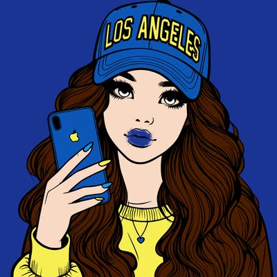 realistic beautiful girl wearing los ángeles cap holding an iphone