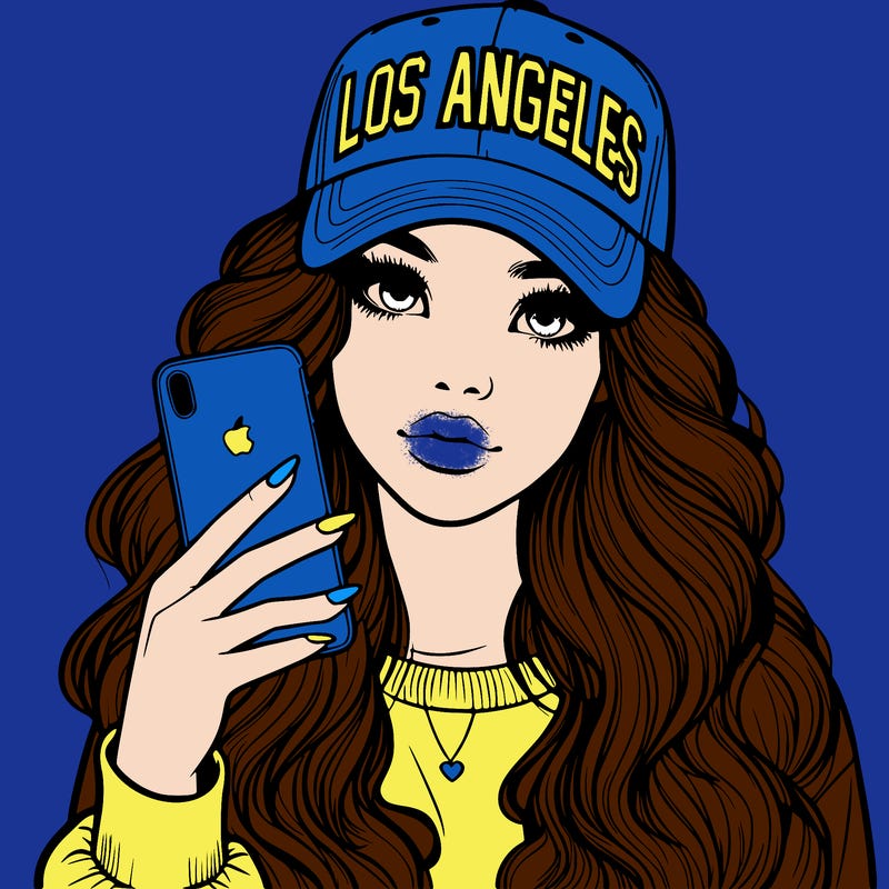 realistic beautiful girl wearing los ángeles cap holding an iphone