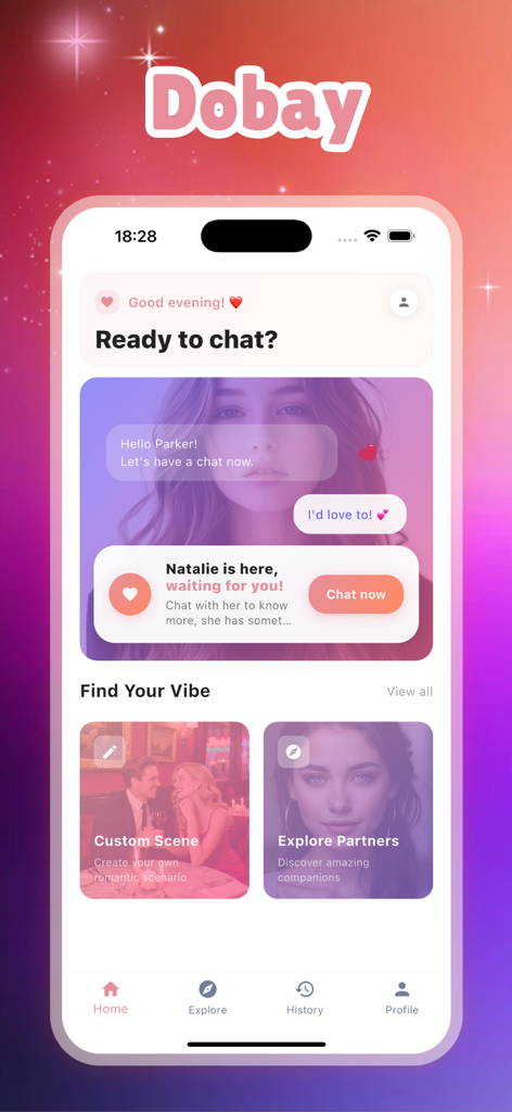 Dobay mobile app home screen showing AI companion chat prompts and customization options for virtual girlfriends