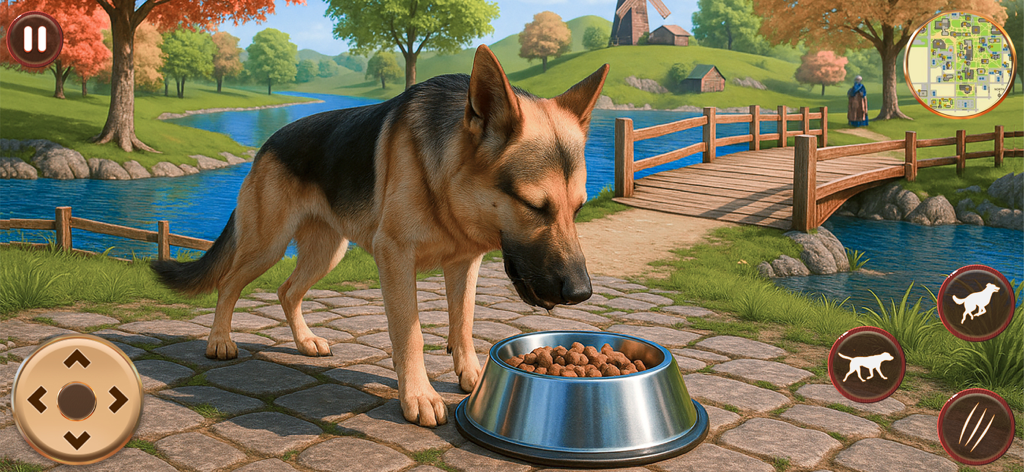 Dog Life Simulator: Dog Games - A German Shepherd dog eating from a bowl in a village park gameplay scene