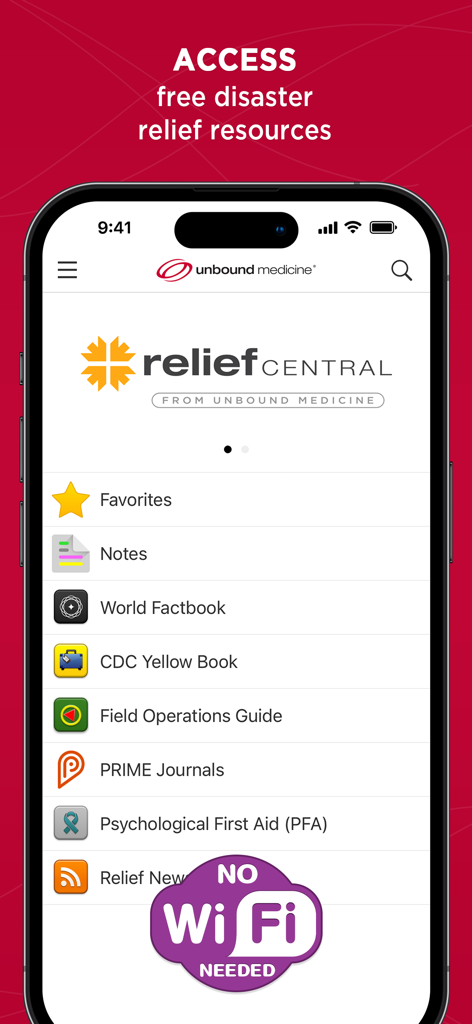 Relief Central - Relief Central app main menu showing disaster relief resources like World Factbook and CDC Yellow Book with an offline access badge