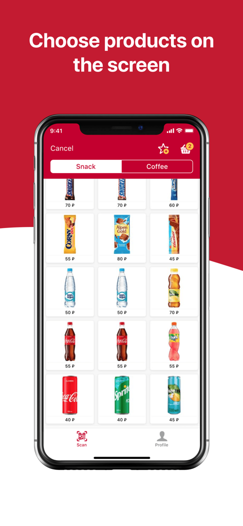 Product selection screen in the 24U app displaying snacks and beverages for mobile vending purchase