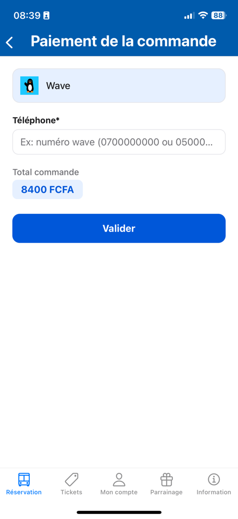 Transap - Tela de pagamento do aplicativo Transap mostrando o checkout com o dinheiro móvel Wave para uma passagem de ônibus