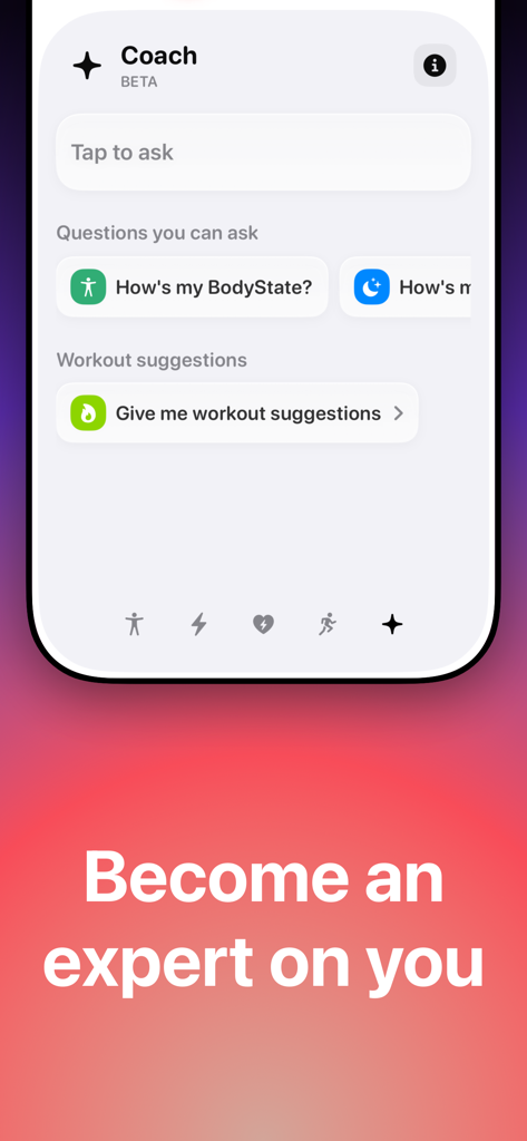 BodyState: Vitals Tracker - BodyState app AI coach interface with personalized workout suggestions and health tracking questions.