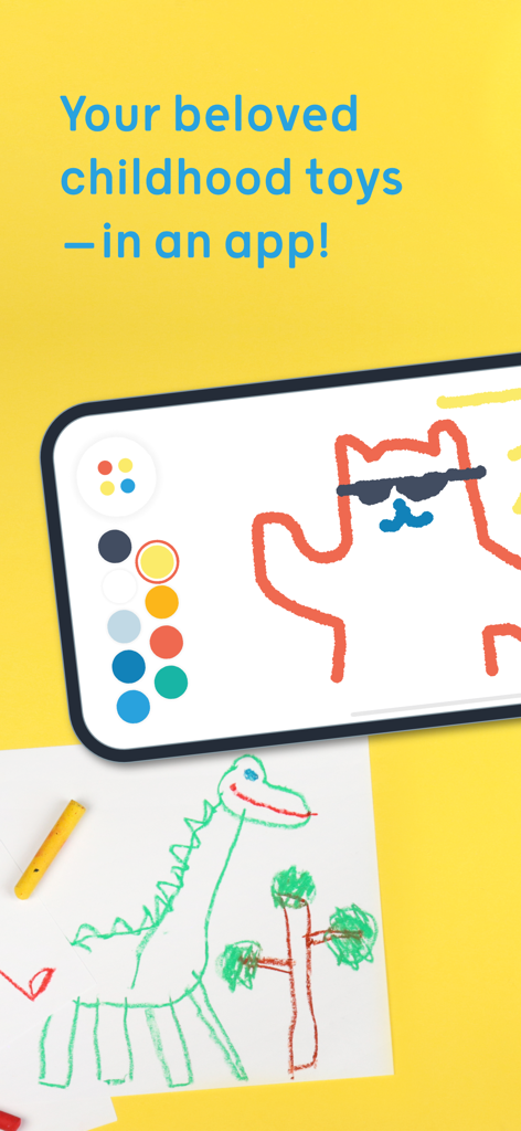 Pok Pok | Montessori Preschool - A smartphone screen showing a digital drawing tool for kids with a cat illustration and colorful paint palettes.