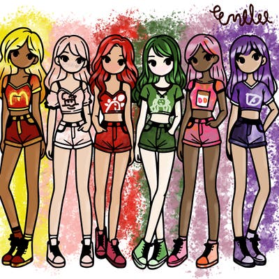 a group of girls wearing crop tops and shorts