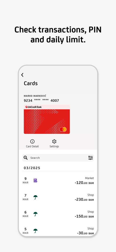 Ecrã da aplicação UniCredit m-bank com detalhes do cartão de crédito e histórico de transações