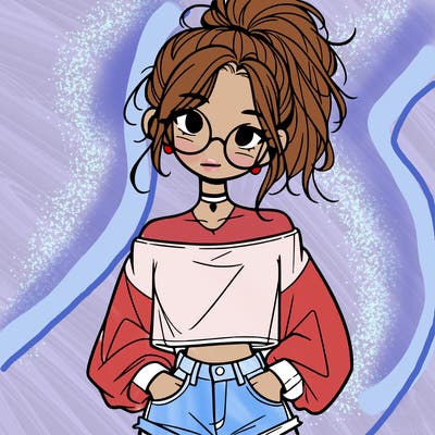 girl with a messy ponytail glasses a baggy crop top and jean shorts