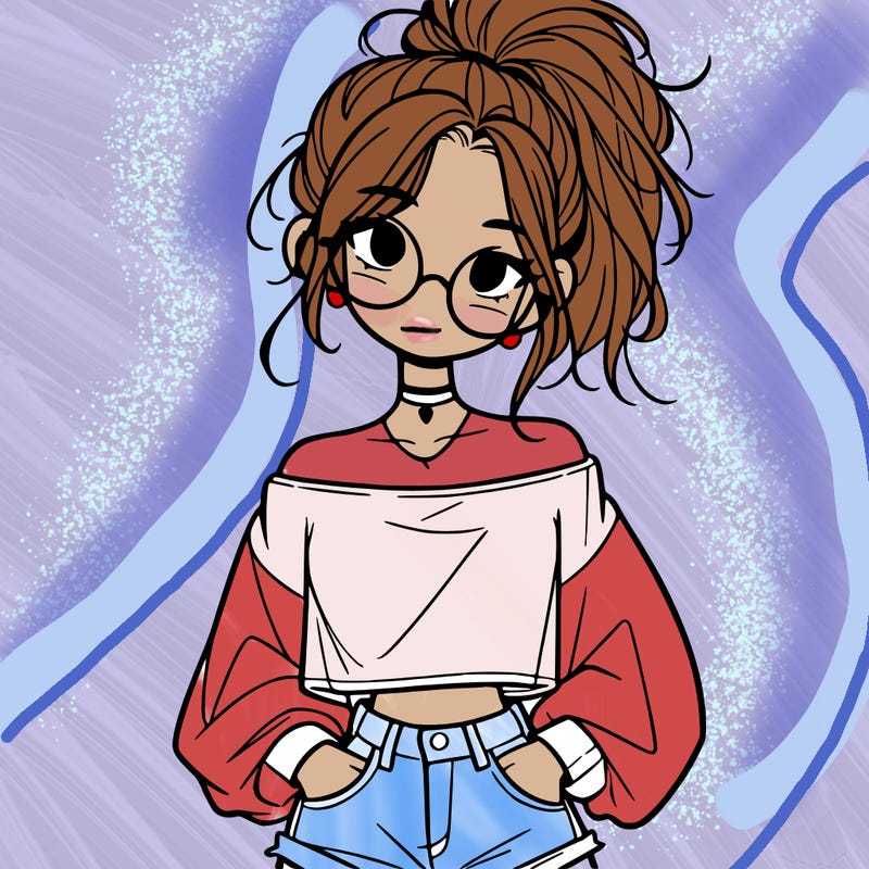 girl with a messy ponytail glasses a baggy crop top and jean shorts