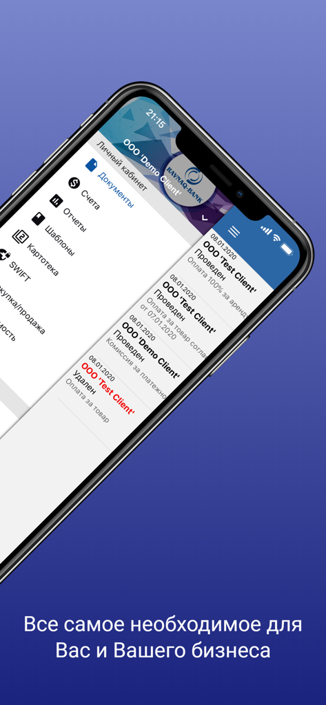 Smartphone mostrando la interfaz de la aplicación bancaria Ravnaq-mobile para Empresas con historial de transacciones y menú lateral