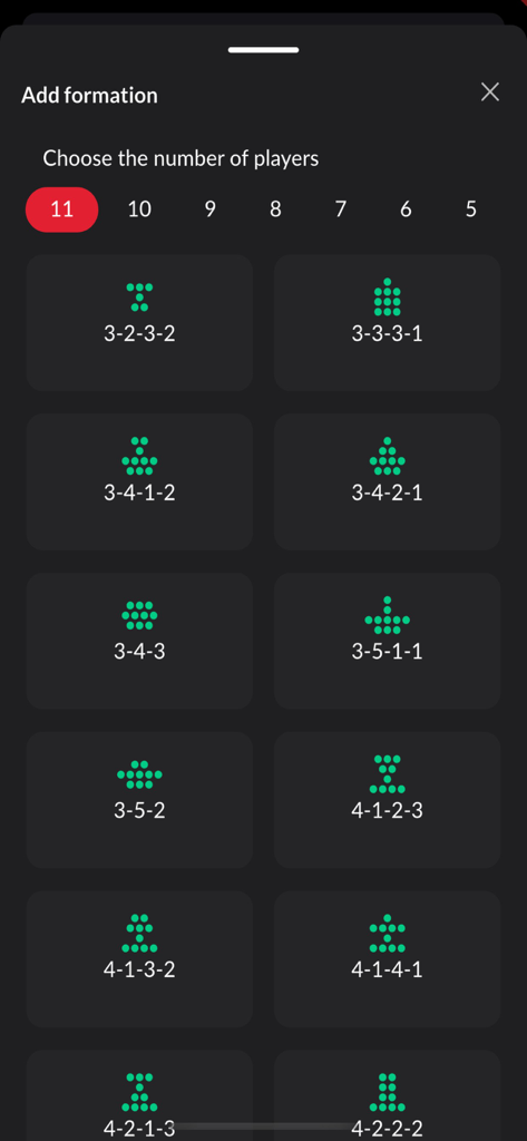 Soccer Lineup Builder: Tactics - A menu in the soccer tactics app showing various formation templates for different numbers of players