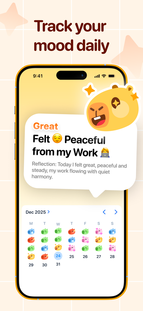 Capy: Self-Care Pet & Planner - Uma interface de rastreador de humor diário mostrando uma nota de reflexão e um calendário mensal com ícones de capivara coloridos