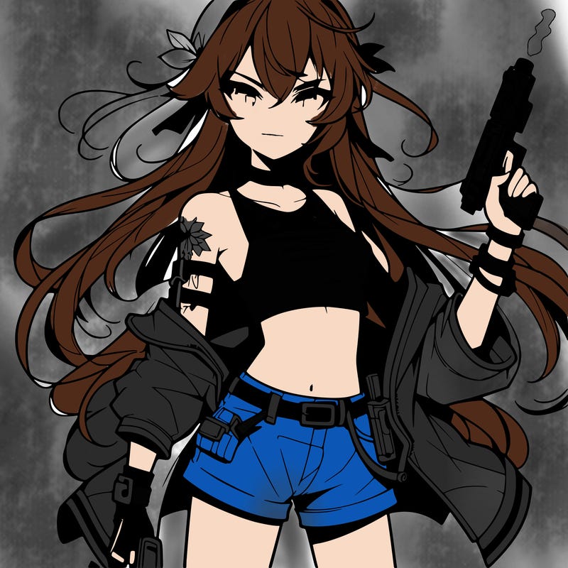 bad girl wearing crop top holding a gun long hair anime