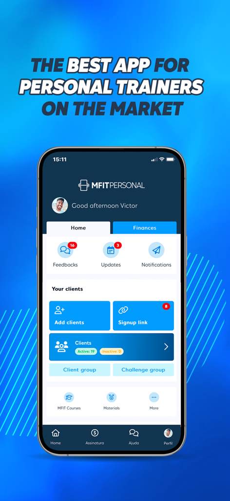 Dashboard of the MFIT Personal app showing client management tools for personal trainers