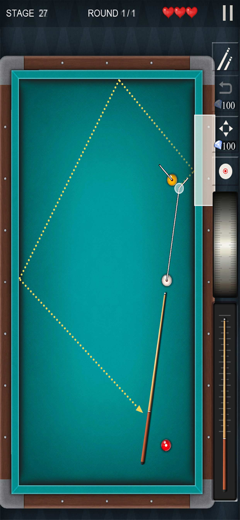 Pro Billiards 3balls 4balls - A carom billiards table gameplay screen showing ball trajectories and game controls