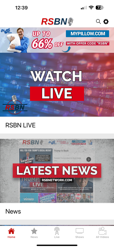 RSBN - Home screen of the RSBN app featuring options to watch live and view latest news with a promotional banner at the top.