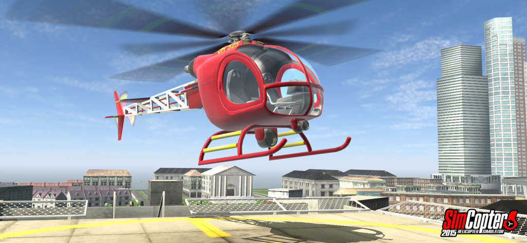 Helicopter Simulator 2015 - Un helicóptero rojo volando sobre el horizonte de una ciudad cerca de un helipuerto en una azotea en Helicopter Simulator 2015.